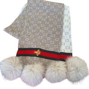 Mitchies 100% Wool Monogram Bee Embroidered Fur Pom Pom Scarf Luxury Glam Winter